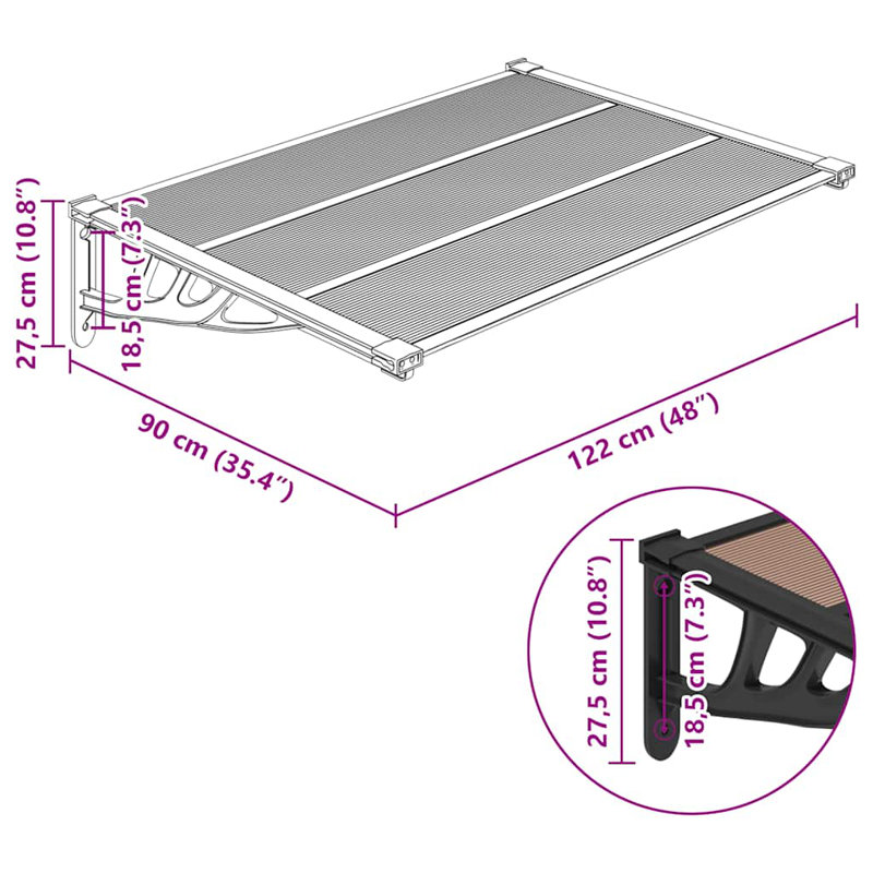Vidaxl Door Canopy Gray And Transparent Polycarbonate, 10.8" H x 48" W x 35.4" D