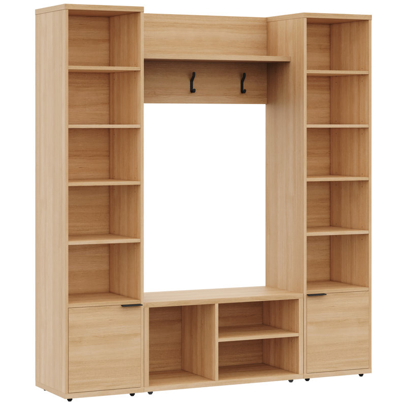 Porto Entryway Wall-Mounted Coat Rack with Shoe Storage Bench and 2 Storage Towers, Beige