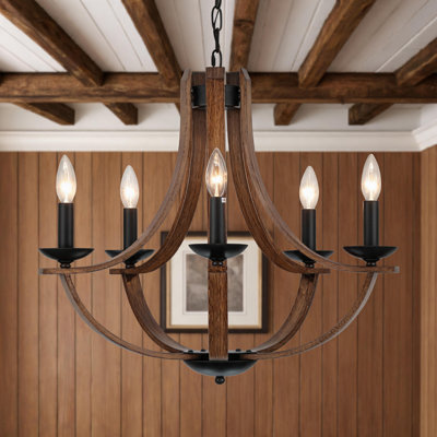 Five-Light Wood-Grain Farmhouse Candlestick Chandelier, Simple And Rustic Style, Suitable For Living Room, Kitchen, And Foyer.