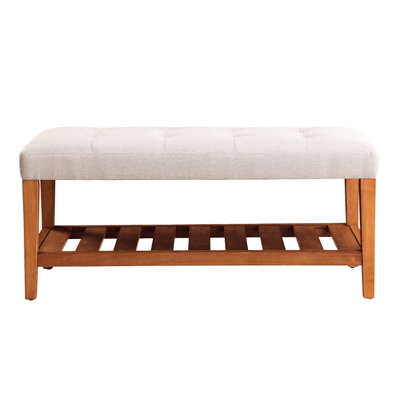 Gray Fabric Bench, Oak Tapered Legs, Slatted Shelf, Padded Seat Cushion Upholstered Shelf Storage, Design