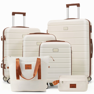 Ensemble de valises rigides 6 pièces avec serrure TSA Travelpro Max, ensemble de valise pivotante 16/20/24/28 pouces avec sac de voyage extensible et trousse de toilette imperméable, poignée réglable (ivoire et brun)
