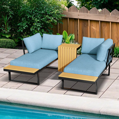 Modern Outdoor Sofa Set With Teak Accents, White Frame, Thick Cushions
