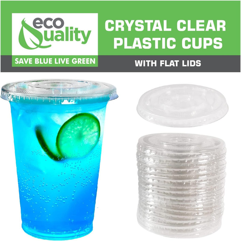Gobelets jetables en plastique transparent 16 oz avec couvercles plats pour boissons froides, café glacé, soda, cocktail et gobelets Ecoqualité (200)