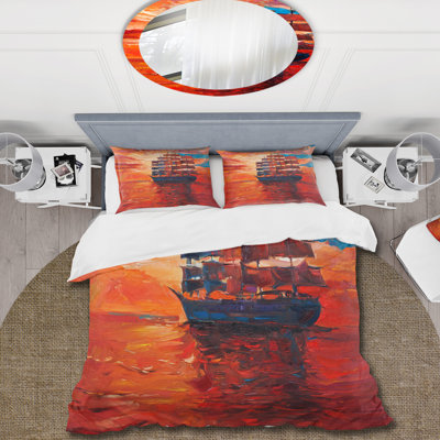 Ensemble de housse de couette nautique Frigate pendant la soirée sur l'océan - Horizon