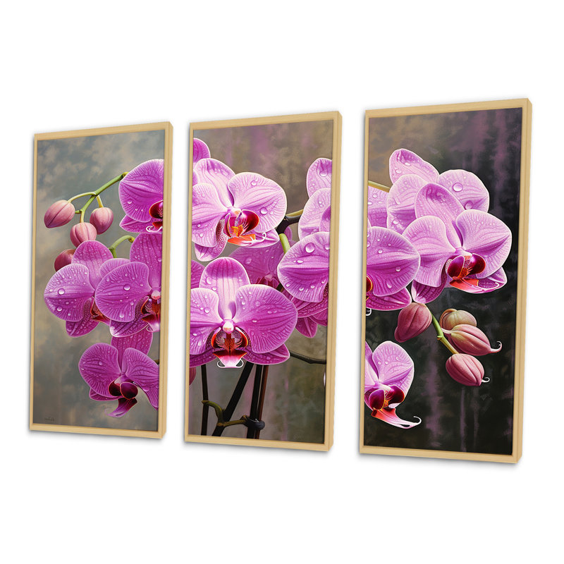 «Pink Orchids Oasis I», ensemble de reproductions d'art mural orchidées, H 40 po x l 60 po x P 1 po, Cadre naturel flottant