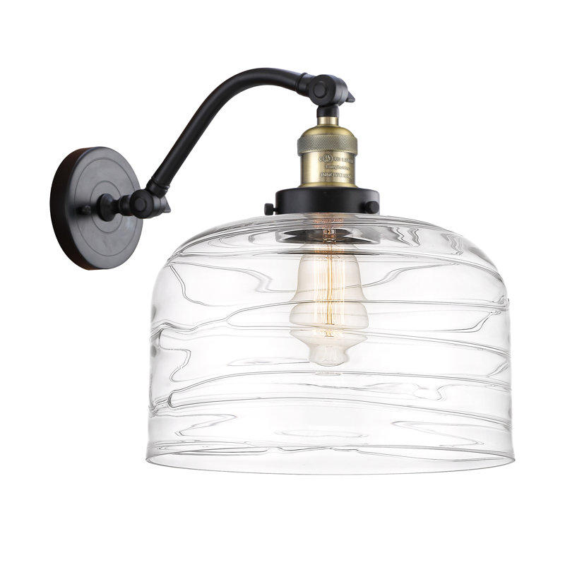 Applique murale 1 lumière 12 po Bell, Ampoule incandescente rétro 60 watts, Laiton antique noir, Tourbillon déco transparent