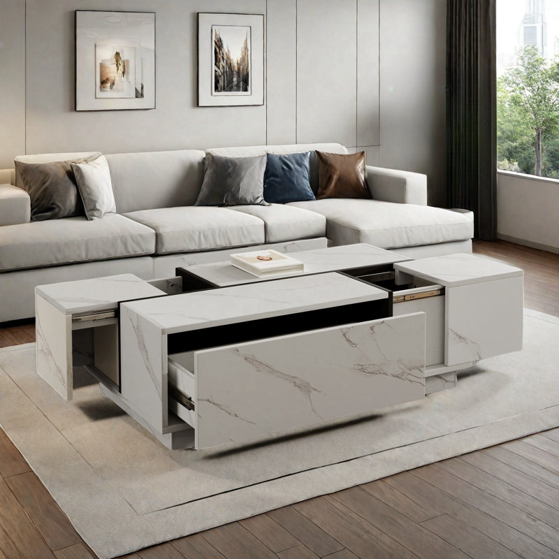 Rectangular Sliding Top Coffee Table With 2 Drawers And 2 Hidden Storage Compartments, White