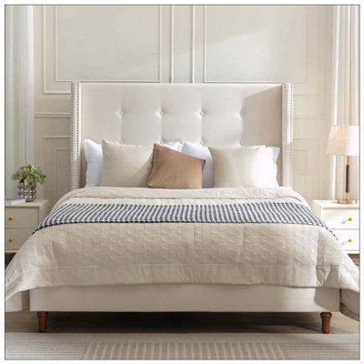Peyton Upholstered Bed / High Headboard / Traditional Hand Buttoned Tufting / Nailhead Trim Wingback / No Box Spring Needed / Easy Assembly /  Velvet
