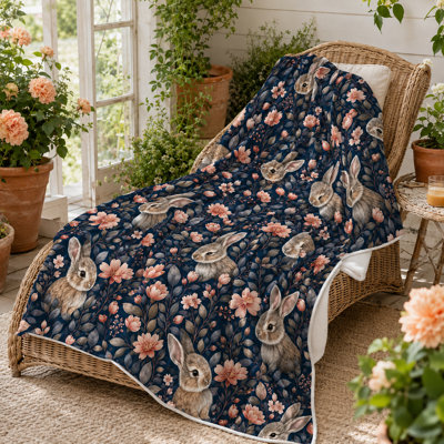 Botanical Bunny Flannel Blanket in Dark Navy, Realistic Rabbits with Peach Blossoms and Layered Leaves, Decorative Throw for Couch and Weekend Travel, 50 x 60 in