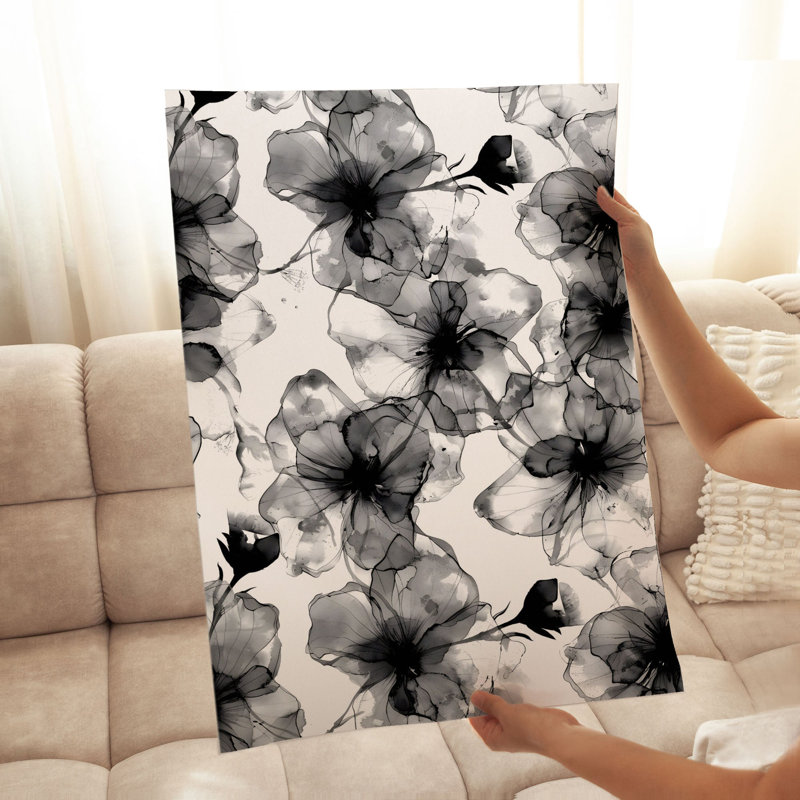 Impression florale noire et blanche, H 30 po x l 20 po
