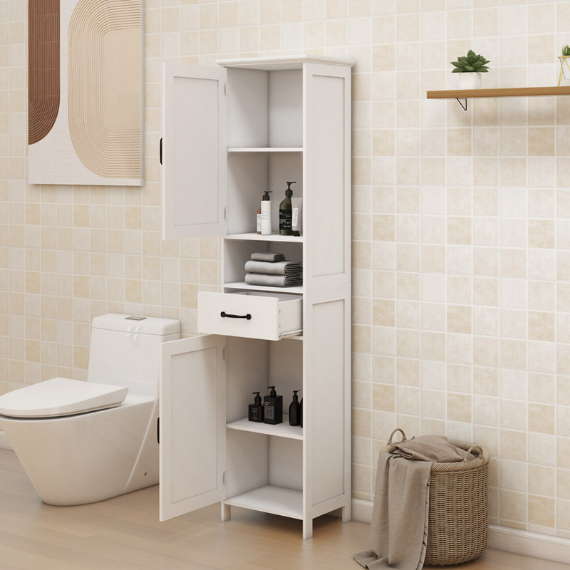 Double Door Narrow Height Slim Bathroom Storage Cabinet With 2 Adjustable Shelves, White