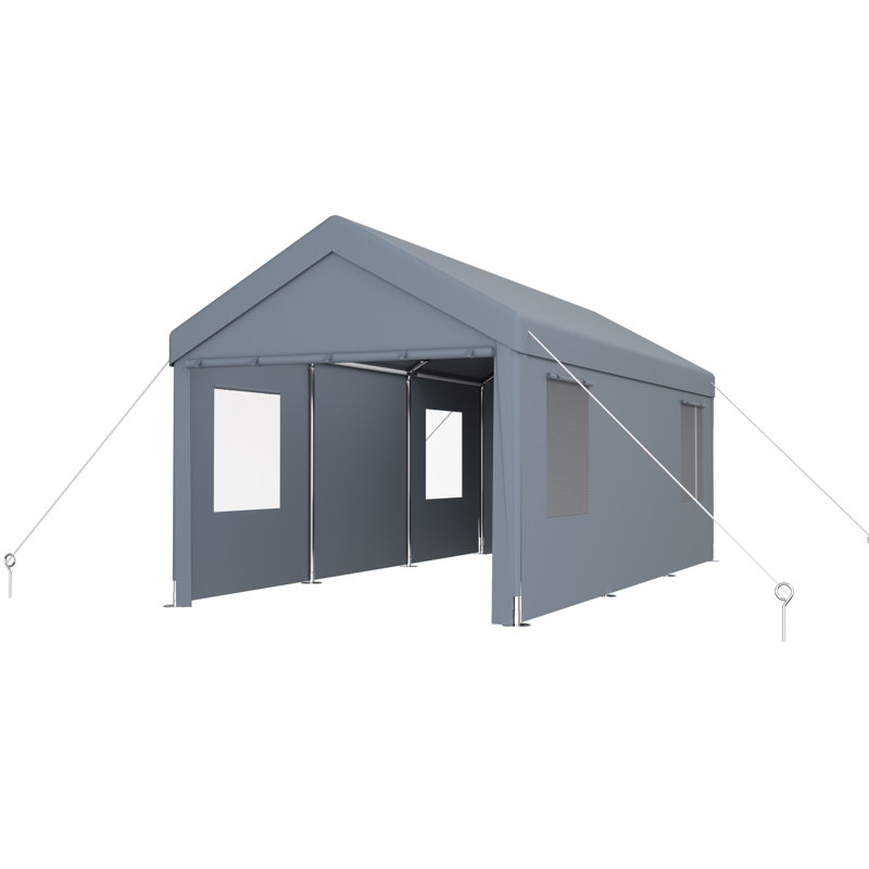 Abri de voiture en acier galvanisé 10x20, 2 portes, 4 fenêtres d'aération, gris, pour usage extérieur, avec structure stable, abri pour véhicule