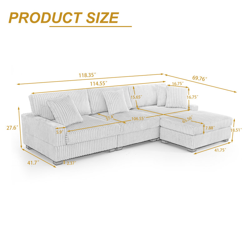 Canapé modulaire rembourré 4 pièces en flanelle de fourrure de lapin gris clair avec coussins décoratifs et repose-pieds 4 pièces