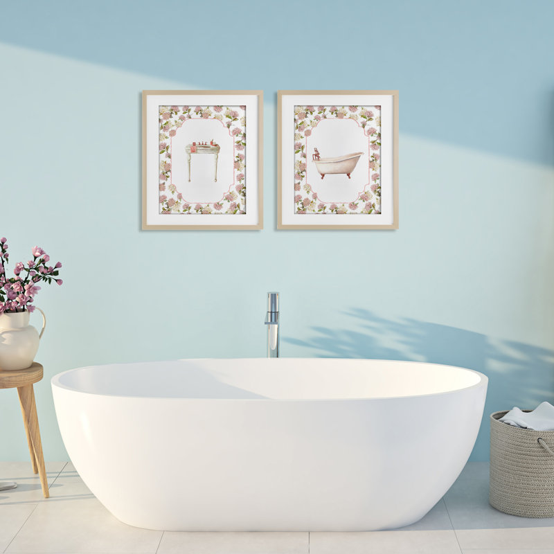 Elegant Hydrangeas Bathroom 2pc, ensemble de reproduction encadrée sous verre, design par Carol Robinson, H 16 po x l 13 po