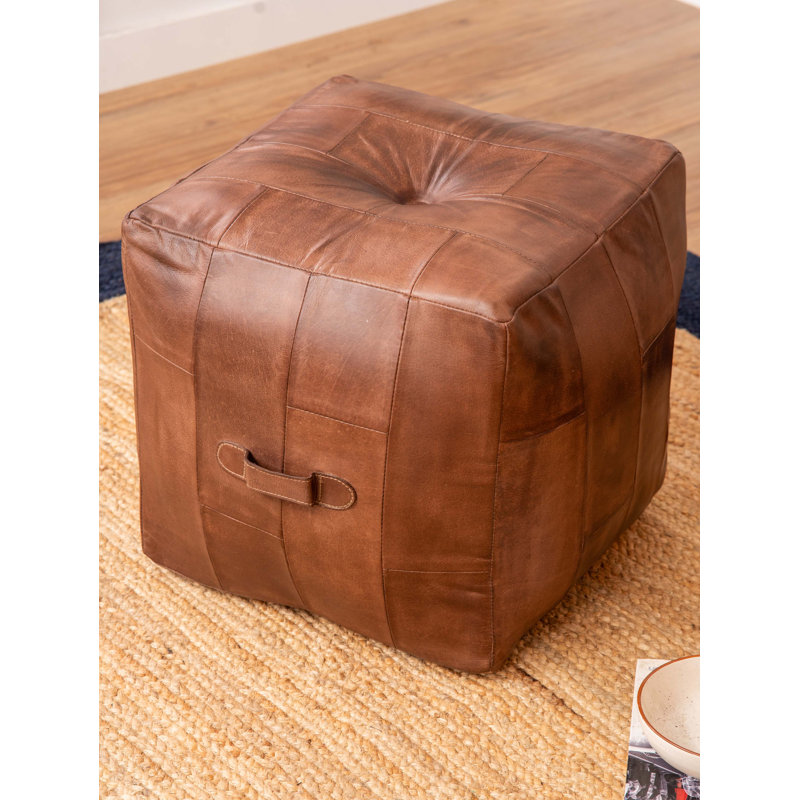 Solid Handmade Buffalo Leather Square Pouf (Recycled Foam With Fibre Fill), Blue Genuine Leather, 20" H x 20" W x 20" D