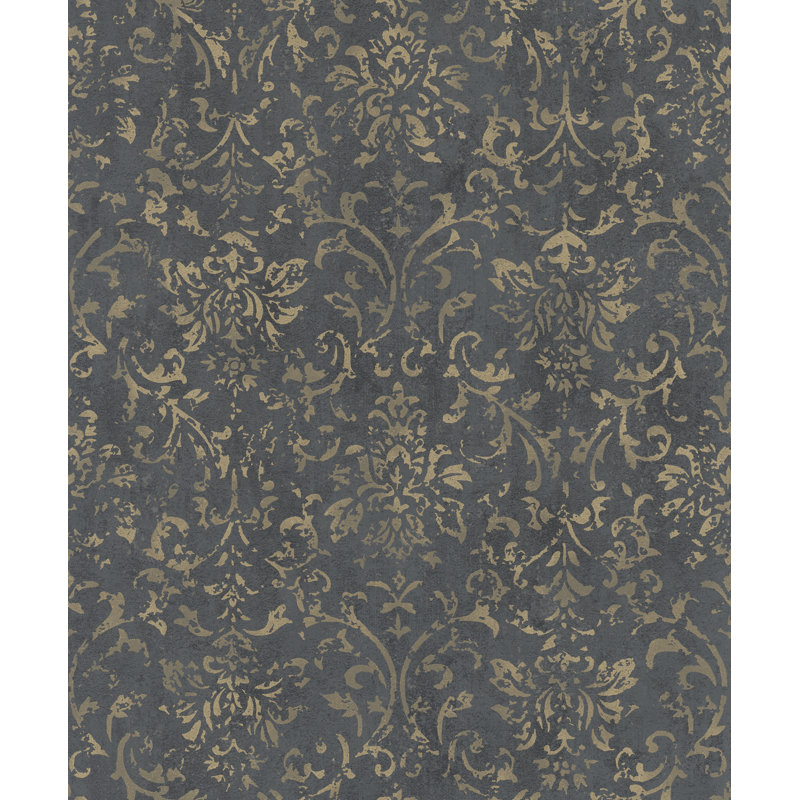 Kavalier Mottled Damask 10.05M X 53Cm Metallic Elements Wallpaper Roll, Black/Copper