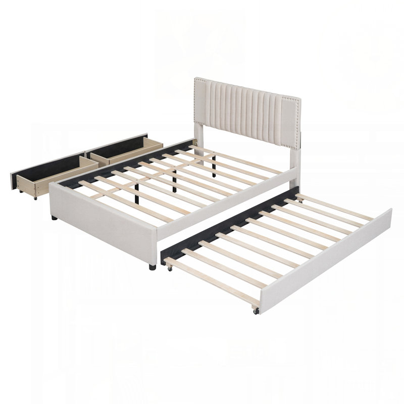 Lit plateforme double tapissier pleine grandeur avec 2 tiroirs et 1 lit gigogne simple, tête de lit classique, beige, Double