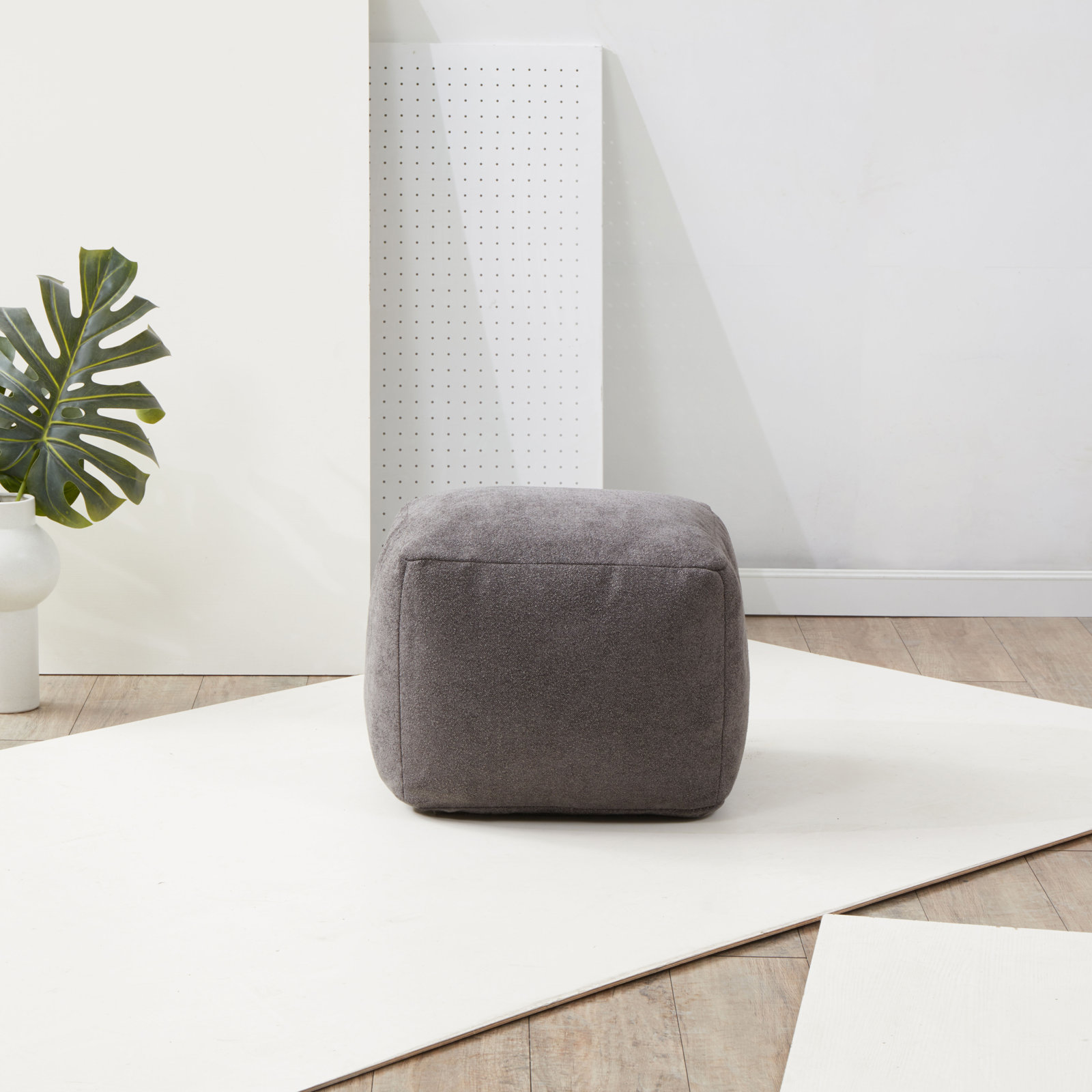 Inaki Upholstered Pouf, Charcoal Boucle