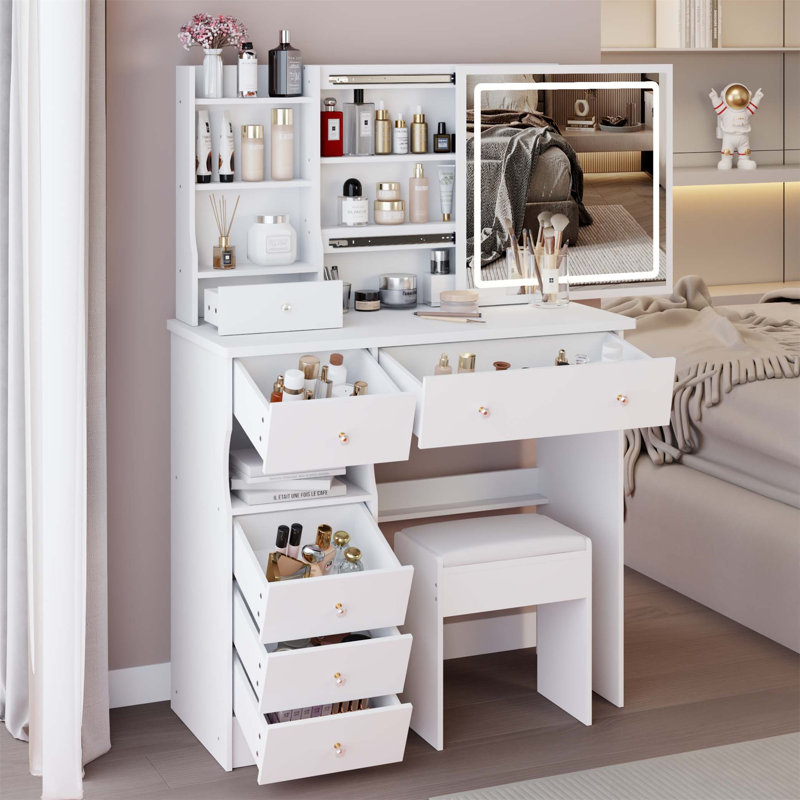37-Inch Left Drawer Vanity Table With Cushioned Stool, 2 AC+2 USB Sockets, Hair Dryer Stand, And 3-Color LED Sliding Mirror