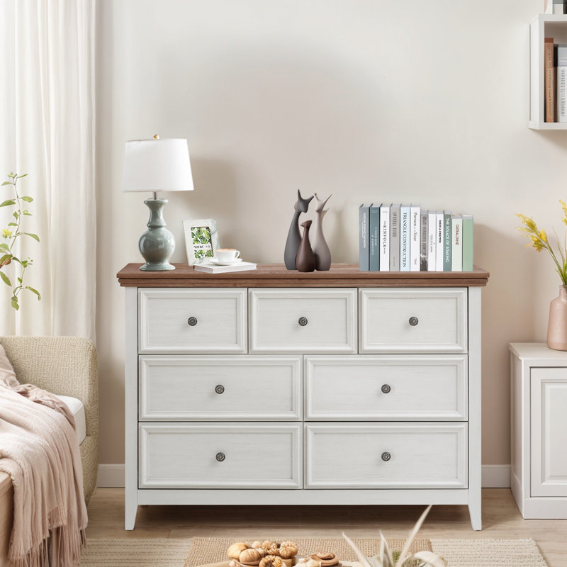 Commode 7 tiroirs en bois deux tons avec plateau brun