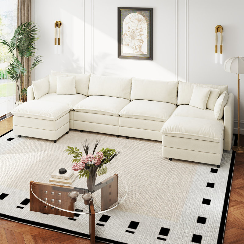 Canapé-lit en chenille moderne avec repose-pieds, H 33,85 po x l 147,22 po x P 35,82 po, Chenille beige