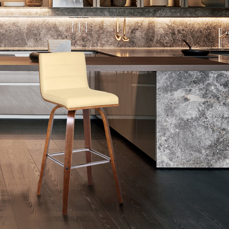Aluin Mid-century Modern Swivel Counter or Bar Height Bar Stool in Faux Leather and Wood, 66cm, Cream, Walnut