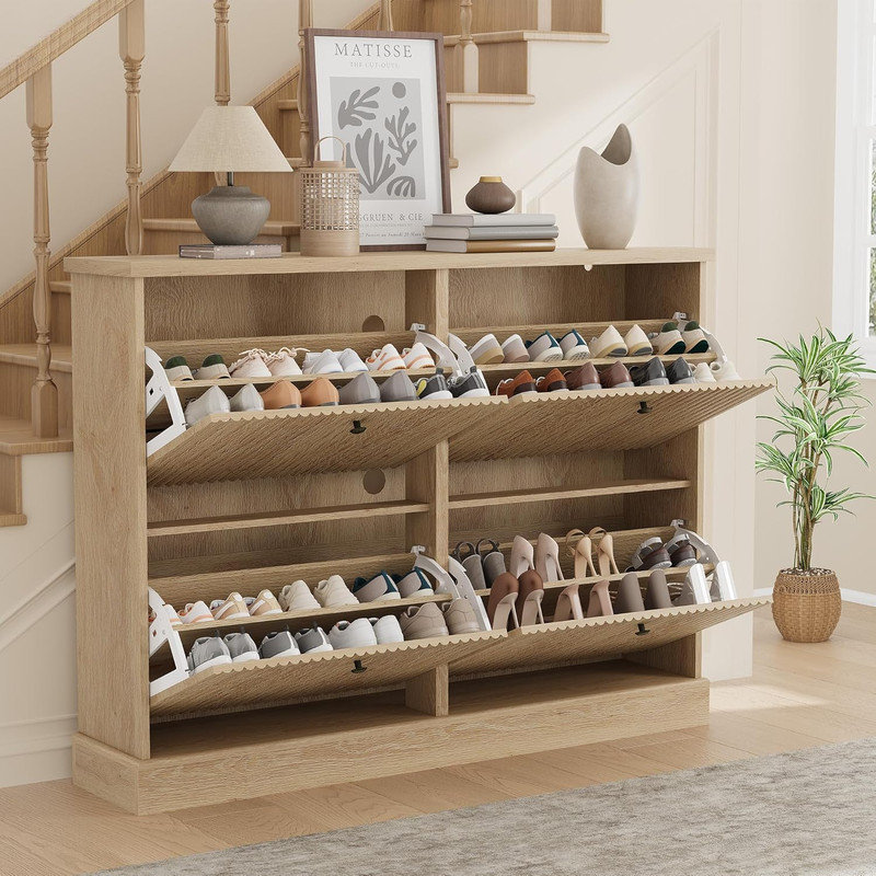 Range-chaussures cannelé avec 4 tiroirs rabattables, range-chaussures étroit en bois avec tablettes réglables pour le vestibule