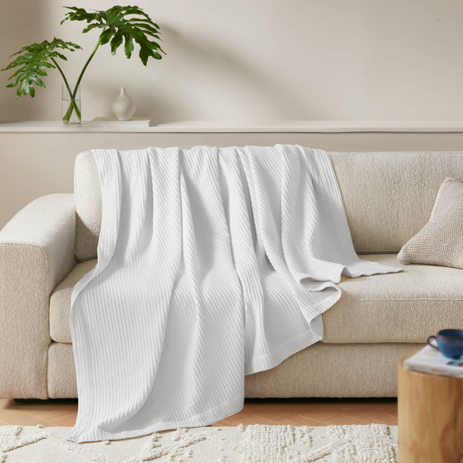 Waffle Weave Cotton Throw Blanket, White, Queen