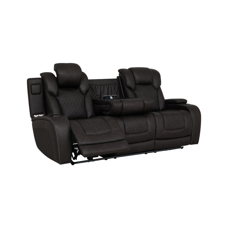Fauteuil inclinable électrique 3 places en microfibre gris foncé avec tablette rabattable, console, système sans fil, éclairage DEL, mécanisme d'inclinaison, rangement pour coussins de dossier et de fermeture, ressorts ensachés et surmatelas.
