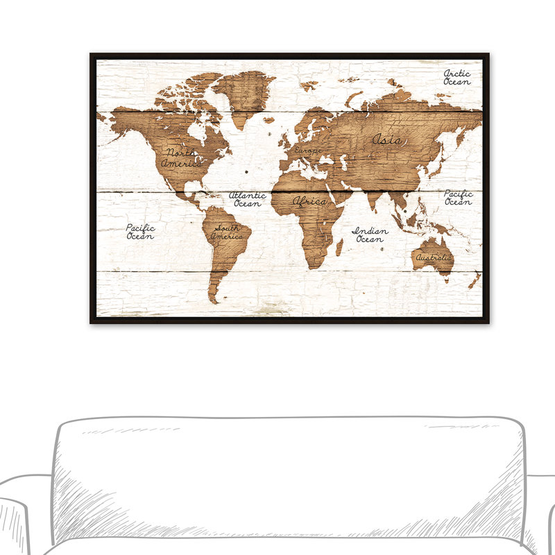 Carte du monde patinée - impression d'art graphique, 20 po x 30 p, Encadré