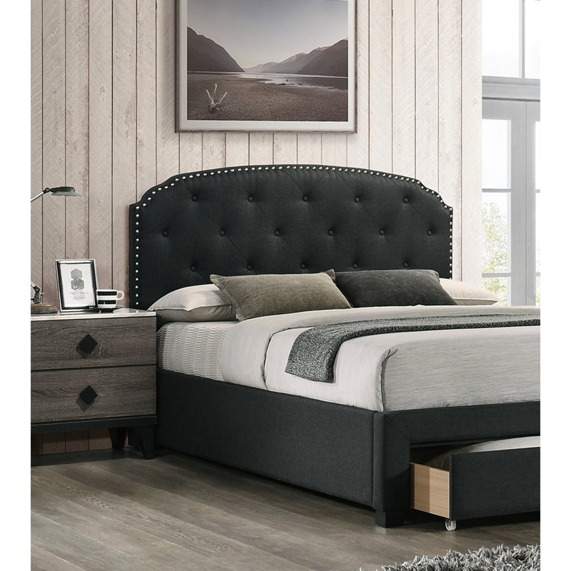 Lit simple avec rangement et tête de lit bouton en tissu de jute gris anthracite, Gris anthracite