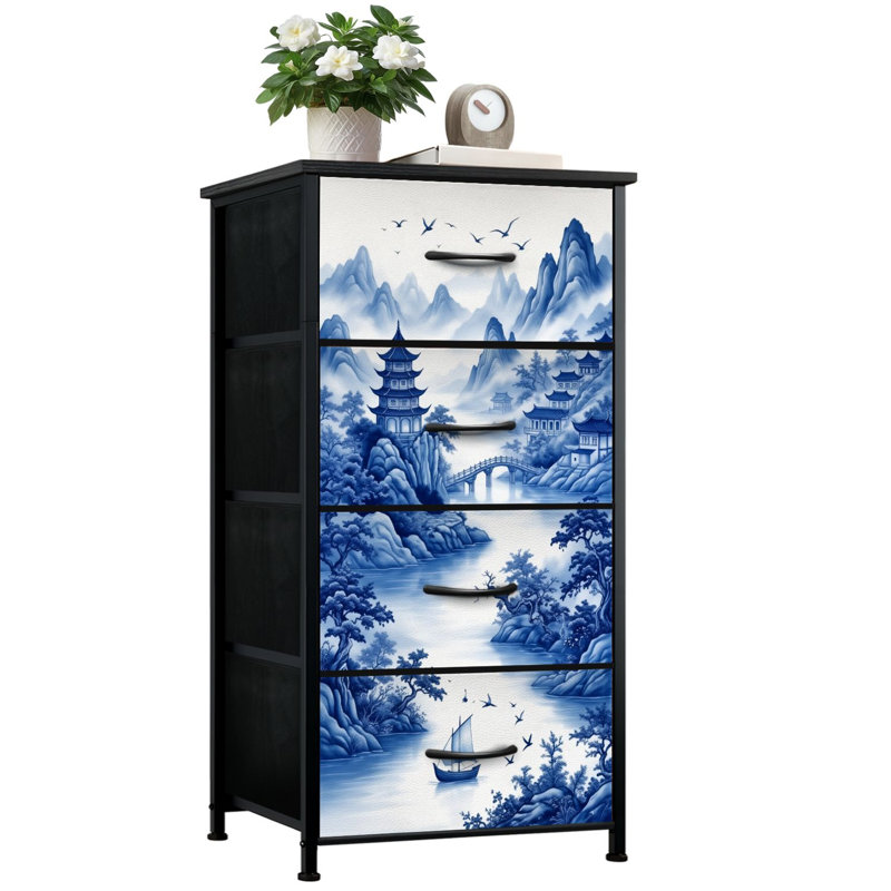 Commode rustique pour la chambre à coucher avec 4 tiroirs de rangement Paysage chinois bleu Montagnes Pagodes Commode pour bateaux à voile Commode en acier avec cadre en tissu pour vestibule