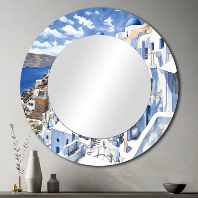 Greek Santorini Odyssey I - Greece Decorative Mirror, Country Large Round Wall Mirror, Printed Metal Art