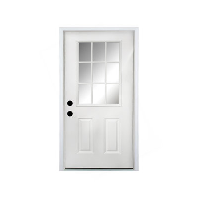 36 X 80 Fiberglass Entry Door With Brickmould, 4-9/16 In.Vinyl Frame,9 Lite Low-E Glass - Primed Front Door For Home's Front Entrance, Right Hand Inswing, White Oak Wooden Grain Knock-Down Door