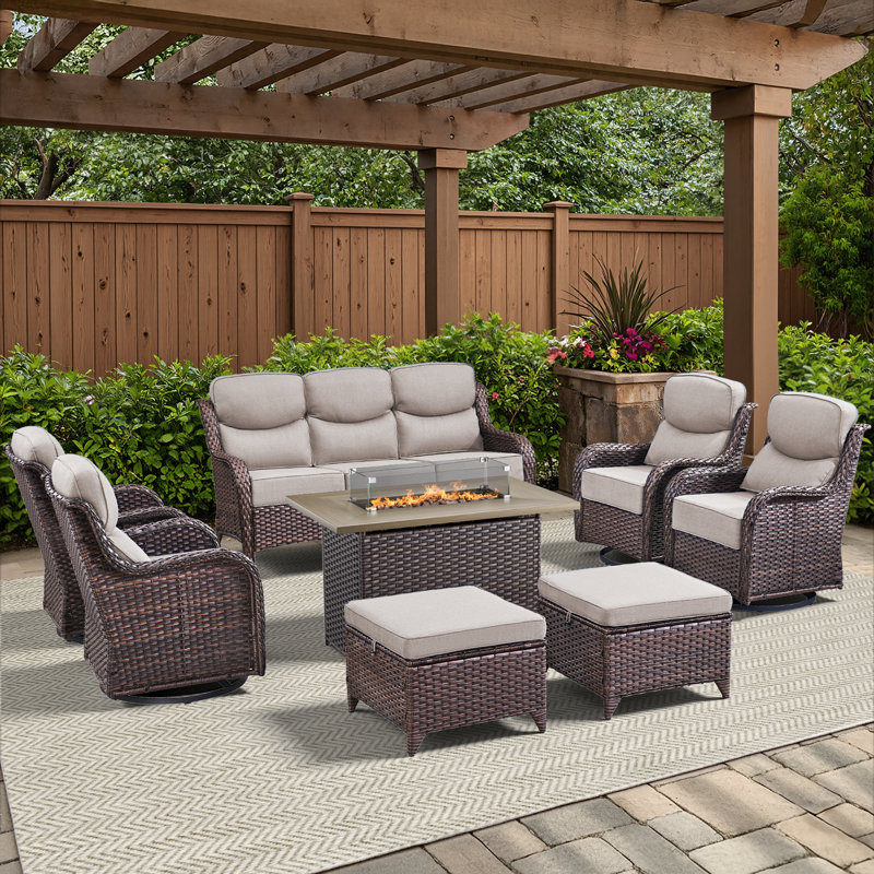 7-9 Person Outdoor Wicker Family Party Conversation Set With Swivel Rockers And Fire Pit, Beige, Brown