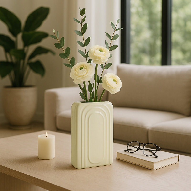 Decorative Rectangular Table Vase for Home Decor Accent - Modern Tall Flower Vase for Bookshelf, Console, and Living Room Display - 7"