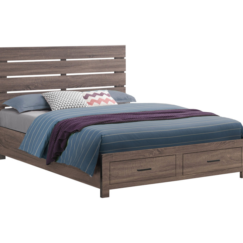 Eastern King Oak Panel Bed With Practical Drawer Storage, Natural Wood Grain Display, Frame Slatted Headboard And Hidden Storage In , Warm Aesthetic, No Box Spring Setup