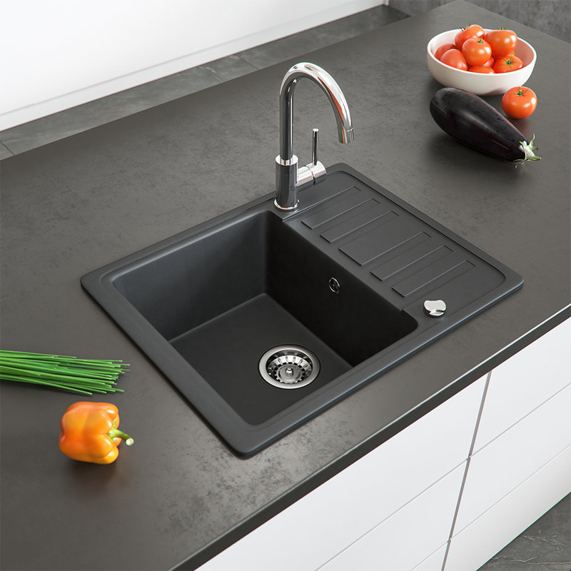 Dakota Fields Daramanivong 460mm W Single Bowl Granite Drop-In Kitchen Sink with 1 Faucet Hole, Black