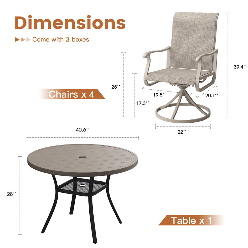4-Person Patio Dining Set with Round Metal Dining Table and 4 PVC-coated polyester Swivel  Chairs, Brush Wood Gray/Cream