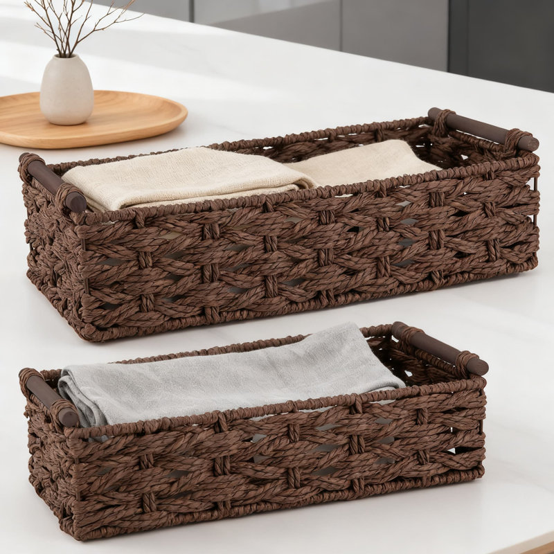 Handmade Paper Rope Storage Baskets With Metal Frame, Decorative Woven Organizer Bin For Bathroom Living Room Bedroom Office Home
