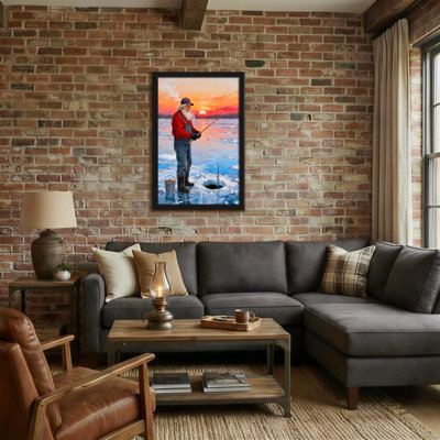Christmas Ice Fishing Man Sunset Winter Scene