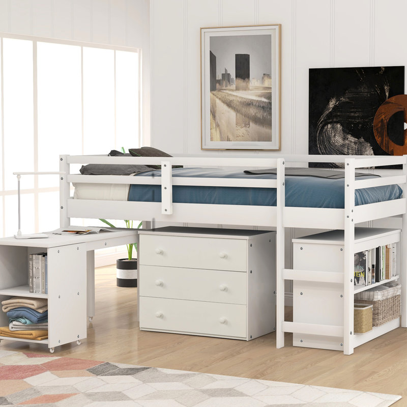 Lit mezzanine simple avec armoire et bureau roulant - blanc, stable et durable, Blanc