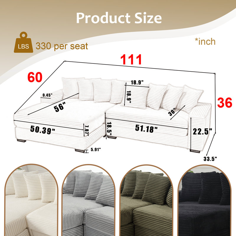 Gus 111"W 2 - Piece Luxury Corduroy Sectional, 8 Cuddle Cushions, Olive, Left Hand Facing