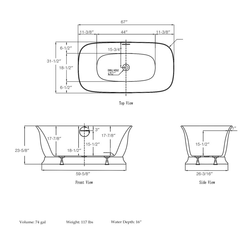 Baignoire autoportante en acrylique avec drain Ascend L 67 po x l 31-1 / 2 po x H 23-5 / 8 po Ascend, Laiton brossé