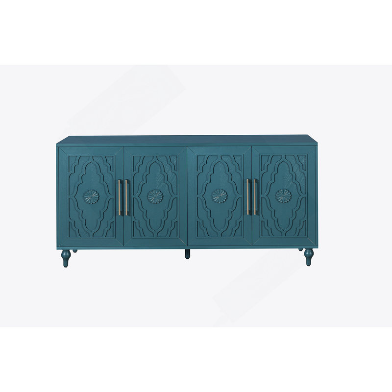 Grande armoire de rangement 63 po avec poignée en métal, portes à fleurs sculptées, console en bois Mordern avec tablettes réglables pour le salon, la cuisine et le vestibule (bleu marine)