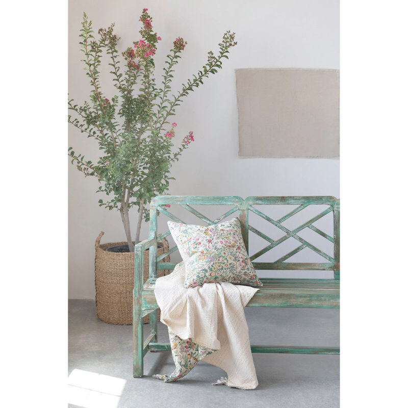 Quilted Throw With Floral Pattern, Kantha Stitch And Tassels