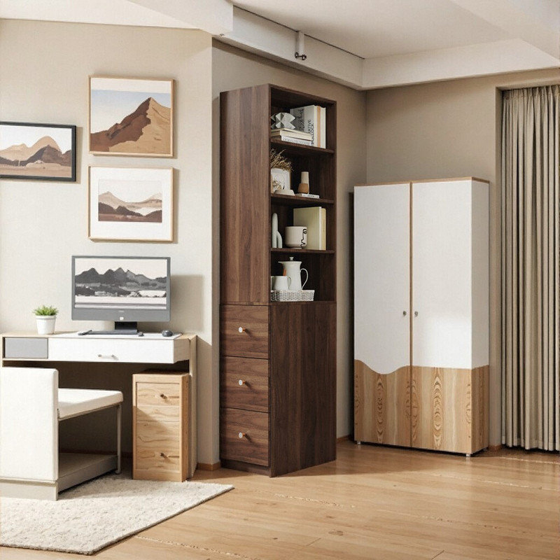 Grande armoire de rangement avec 3 tiroirs et 4 tablettes Unaletta, Brun