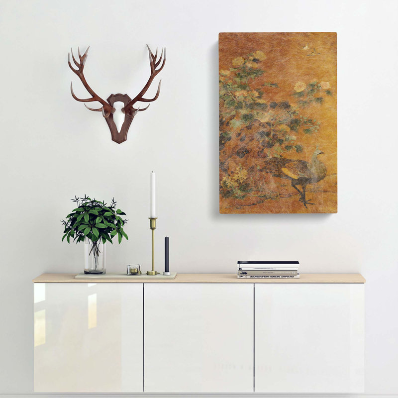 Peacock And Hollyhocks by Bian Lu - Wrapped Canvas Print, 60cm H x 40cm W x 3cm D