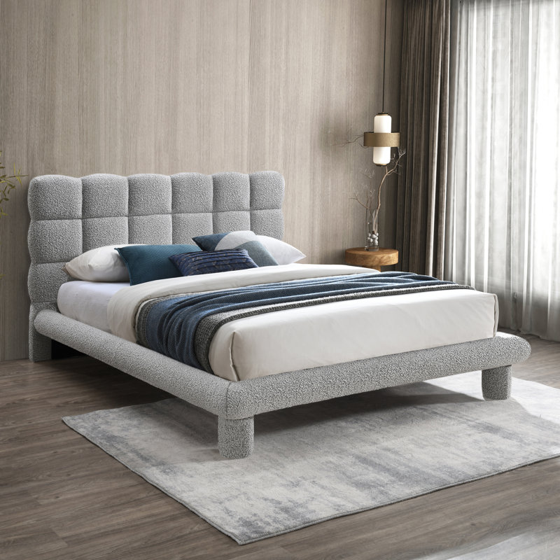 Deco Tufted Panel Bed, Grey Boucle Fabric, Full / Double