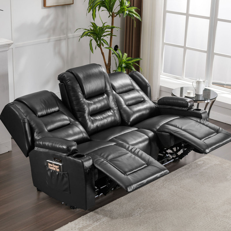 Kymberlee 79.5'' Faux Leather Pillow Top Arm Reclining Sofa, Black Faux Leather
